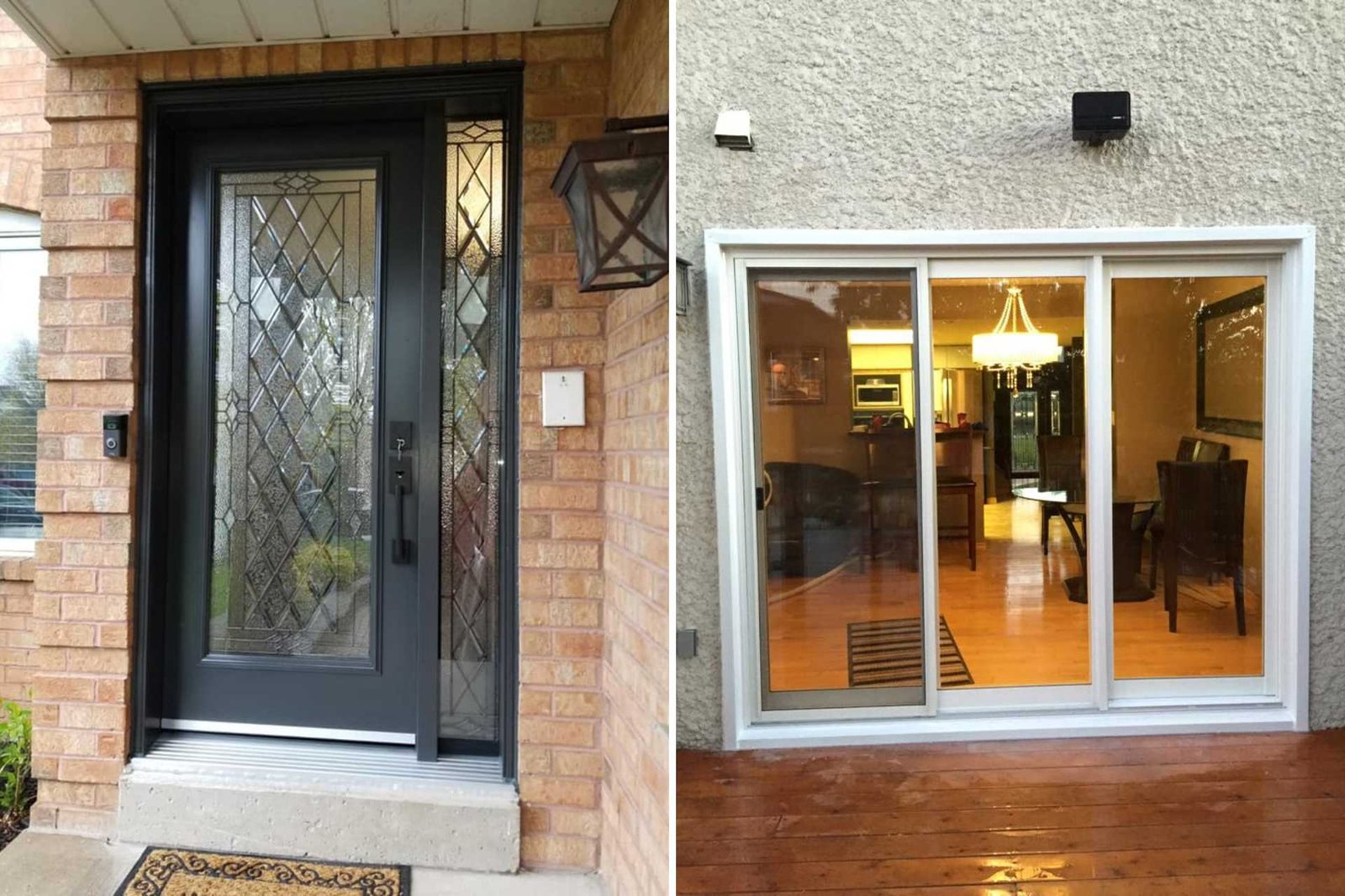 A stylish front door with ornate glass panels and black framing on the left, next to a wide sliding glass patio door leading into a warmly lit dining area.