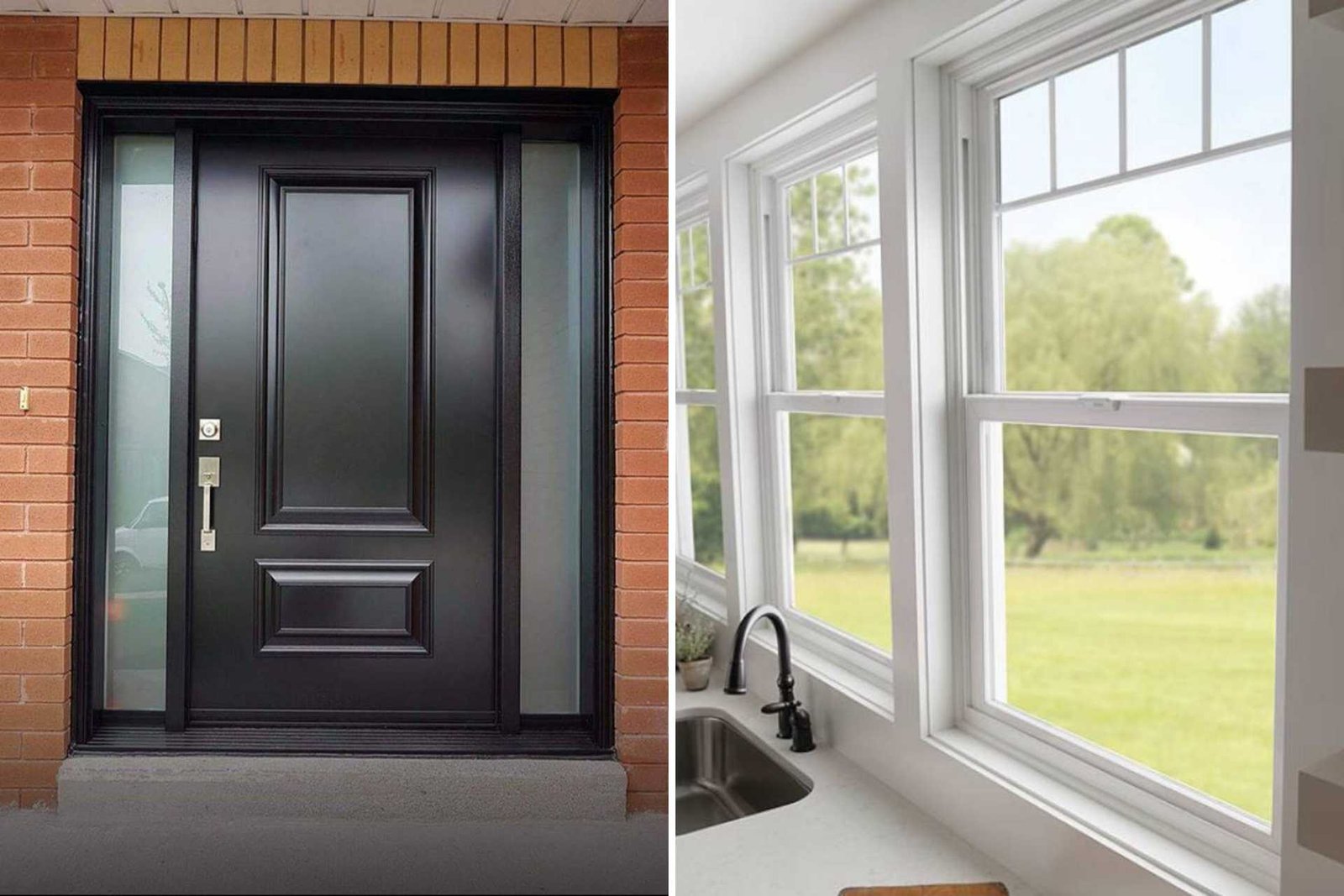 A stylish black front door with frosted glass sidelights next to a bright kitchen interior featuring white double-hung windows overlooking a green backyard.