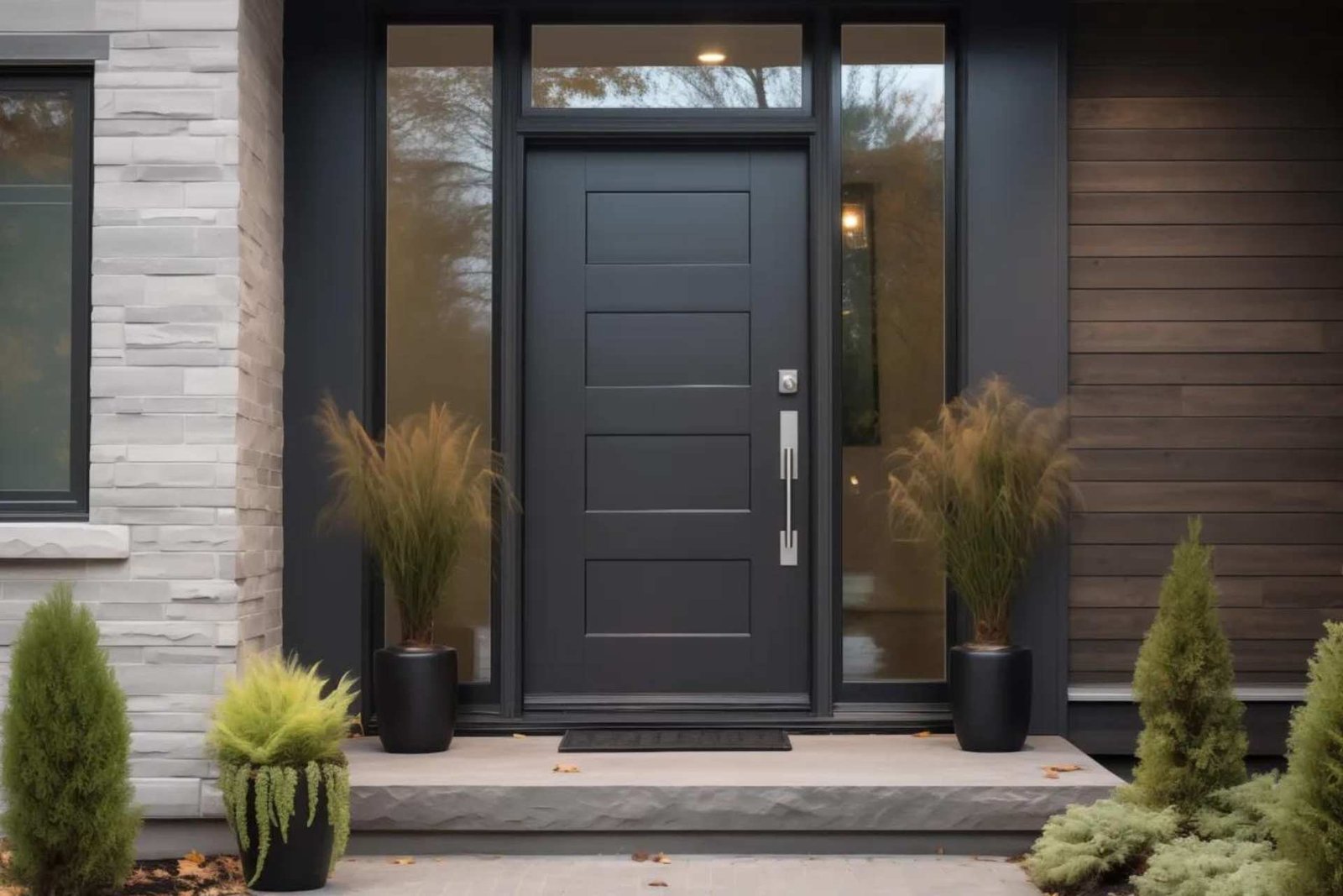 A sleek black modern front door with horizontal panel design, framed by narrow vertical glass sidelights and a rectangular transom window, set against a mixed stone and wood exterior.