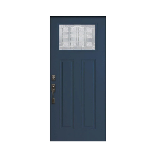 Elegant navy blue front entry door featuring three vertical panel details and a rectangular privacy glass insert with a modern geometric design.