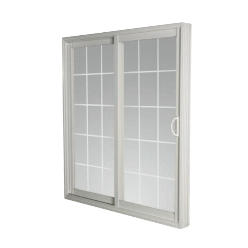 Classic white vinyl sliding window featuring internal grille design and dual glass panels, offering smooth gliding functionality and timeless curb appeal.
