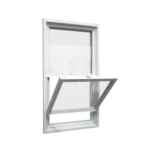 A white single-hung window featuring a lower sash that tilts inward for easy cleaning, paired with a fixed upper sash and clear glass panels for a modern, functional design.