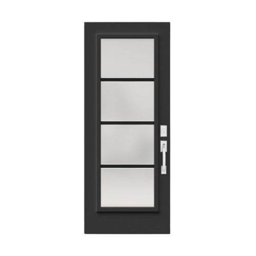 Sleek black steel entry door featuring four frosted glass panels and a contemporary silver handle, designed for modern curb appeal and privacy.