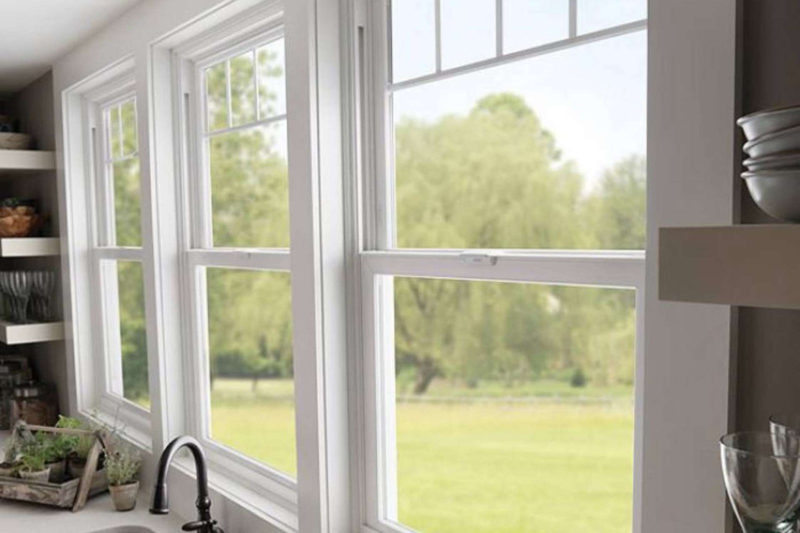 Three white double-hung windows installed above a kitchen sink, offering a clear view of a green backyard.