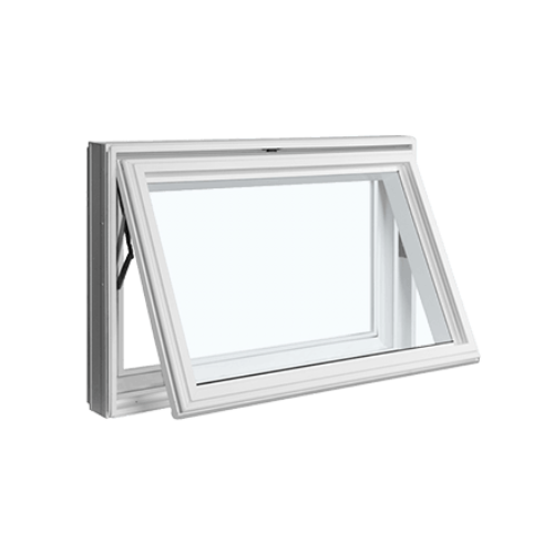A white vinyl awning window hinged at the top, featuring a single glass pane that opens outward from the bottom.