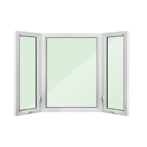 A white-framed bay window featuring a large fixed center panel and two operable casement windows on either side, angled outward for added dimension and natural light.