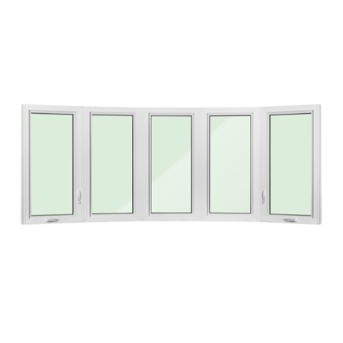 A white-framed bow window consisting of five vertical panels, with the outer two panels designed as operable casement windows and the center three as fixed panes, gently curved to extend outward from the wall.