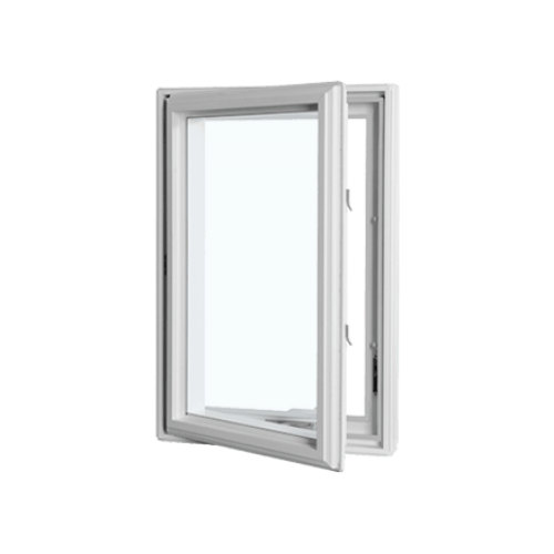 A white vinyl casement window with a single clear glass panel, hinged on one side and opened outward like a door.