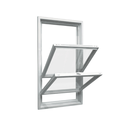 A modern white vinyl window featuring two sashes that tilt inward for easy cleaning and maintenance, with clear glass panels and a minimalist frame design.