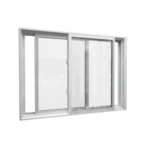A white sliding window with two clear glass panels, including an operable right-side panel and an open track section on both sides, designed for smooth horizontal movement and modern ventilation.