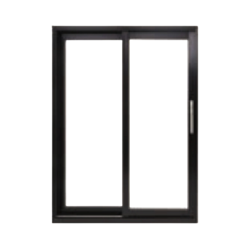 Sleek black vinyl sliding window with two glass panels and a minimalist handle, ideal for modern home renovations and energy-efficient window replacements.