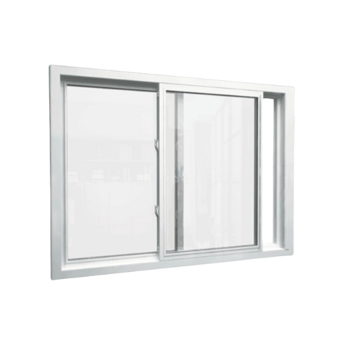 A modern white vinyl sliding window featuring two clear glass panels, one fixed and one operable, designed for smooth horizontal opening and closing.