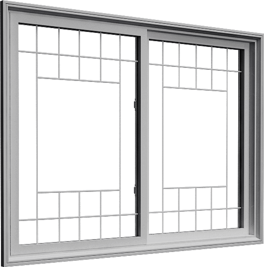 A double-pane sliding window featuring a symmetrical square grid grille design with horizontal and vertical muntin bars, creating a modern and stylish look.