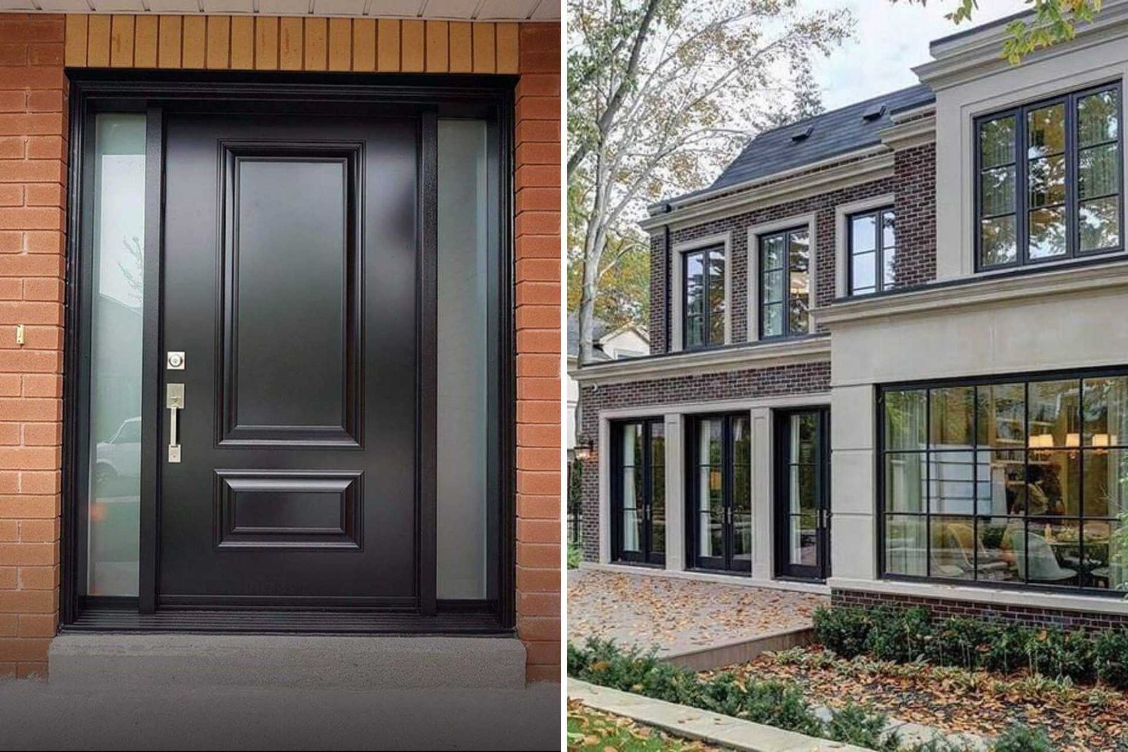 Modern black front door with raised panels and side glass panels next to a luxury home exterior featuring large black-framed windows and sliding glass doors.