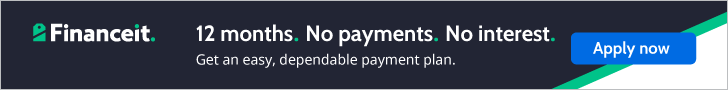 Financeit promotional banner offering 12 months of no payments and no interest with an Apply Now button.