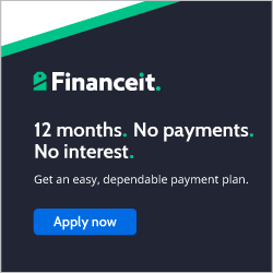 Financeit square ad showing a 12-month no interest payment plan with a blue Apply Now button.