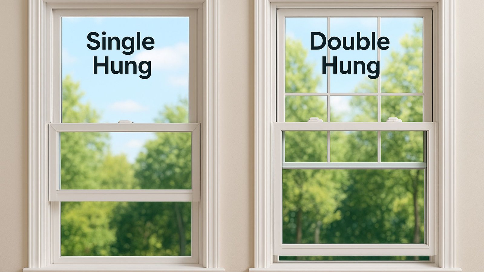 Side-by-side comparison of two white-framed windows labeled "Single Hung" and "Double Hung," illustrating the difference in sash operation against a blurred background of green trees.