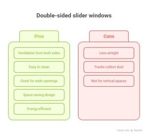 An infographic comparing the pros and cons of double-sided slider windows.