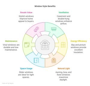 Circular infographic showing six window style benefits: resale value, ventilation, energy efficiency, natural light, space usage, and maintenance. Each section includes a brief description and icon.
