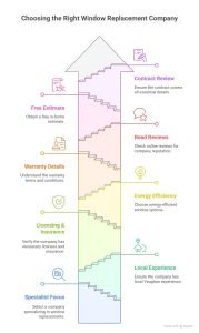 Infographic showing 8 steps to choose the right window replacement company, shaped like a house.