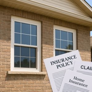 Exterior view of a brick house with two white-framed windows, with documents labeled “Insurance Policy,” “Home Insurance,” and “Claim” in the foreground.