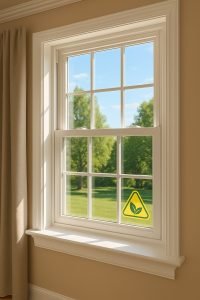 Interior view of a white-framed, double-hung window with a scenic green lawn and trees outside. A yellow energy-efficiency symbol with leaf icon is displayed on the glass.