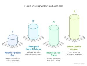 An infographic titled "Factors Affecting Window Installation Cost" showing four vertical bars labeled: 1) Window Type and Size, 2) Glazing and Energy Efficiency, 3) Retrofit vs. Full-Frame, and 4) Labour Costs in Vaughan. Each bar includes cost-impact details.