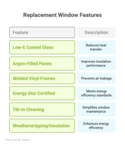 Chart listing key replacement window features and benefits, including Low-E coated glass, argon-filled panes, welded vinyl frames, Energy Star certification, tilt-in cleaning, and weatherstripping for improved energy efficiency and performance.