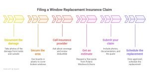Infographic titled “Filing a Window Replacement Insurance Claim” showing six steps: document the damage, secure the area, call insurance provider, get an estimate, submit your claim, and schedule the replacement.