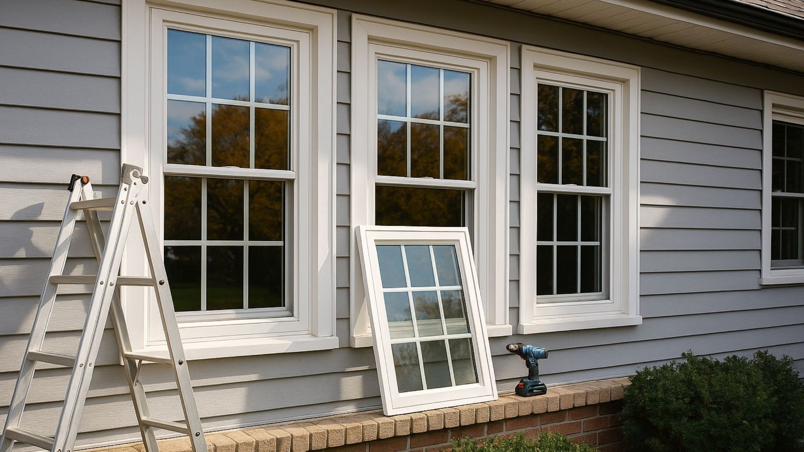 Home window replacement in progress with a ladder, drill, and new window pane leaning against a grey exterior wall.
