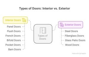 Infographic comparing types of doors: interior doors include panel, flush, French, bifold, pocket, and barn doors; exterior doors include steel, fiberglass, glass patio, and wood doors.