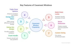 Infographic listing 7 key features of casement windows in a circular layout around a central label "Casement Window Popularity," including crank handle, swing-out design, Energy Star glass, triple-pane options, multi-point locks, noise reduction, and custom sizing.