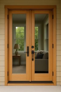 Modern wood-grain French doors with black handles and clear glass panels, revealing a cozy interior room with a lamp, sofa, and window in the background.