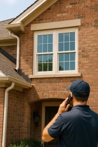 A contractor in a navy shirt and cap is on the phone, inspecting a home's upper window from outside.