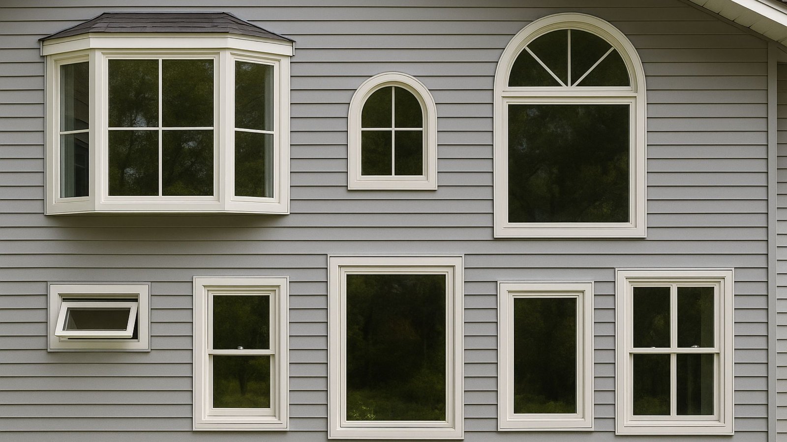 Various styles of residential windows displayed on the exterior of a gray house with white trim, including bay, arched, picture, casement, sliding, and awning windows.