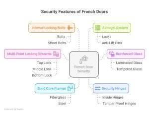 Diagram listing French door security features: locking bolts, astragal locks, multi-point locks, reinforced glass, solid core frames, and tamper-proof hinges.