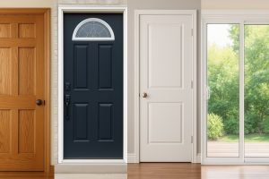 Side-by-side display of four door types including a wooden panel interior door, a navy blue exterior steel door, a white interior door, and a glass sliding patio door with a view of a green backyard.
