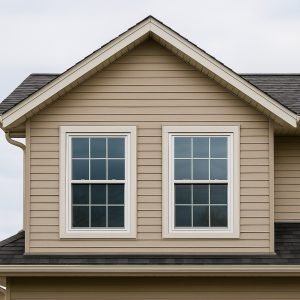 Close-up of two white-framed double-hung windows installed on the second floor of a beige siding home with gabled roofing.