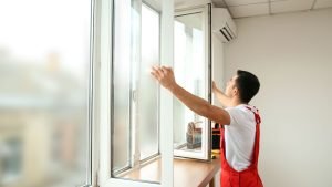 A window installer in red overalls opens a newly installed white-framed window inside a modern room, with tools placed on the windowsill.