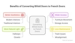 Infographic showing the benefits of converting bifold doors to French doors, including better aesthetics, wider access, more natural light, and less maintenance.
