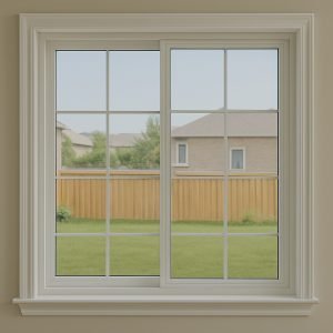 White-framed double-slider window in a beige room, showing a backyard with green grass, a wooden fence, and neighboring houses in Vaughan.