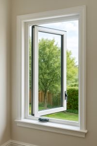 A white casement window partially opened inward in a beige-walled room, offering a clear view of a green backyard with trees and a wooden fence.