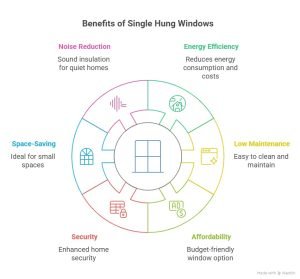 A circular diagram illustrating the benefits of single-hung windows. The benefits include noise reduction, energy efficiency, space-saving, low maintenance, security, and affordability. The diagram is color-coded with each benefit represented by an icon and placed around an image of a single-hung window.
