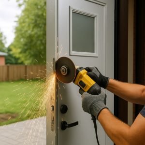 A person wearing safety gloves uses a yellow angle grinder to cut a steel door, producing visible sparks. The door is partially open and features a window panel and handle.