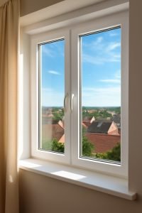 A modern white double-glazed window with two panels and sleek white handles, offering a clear view of a residential neighborhood with rooftops and lush greenery. The window is designed for energy efficiency, allowing ample natural light while maintaining insulation.