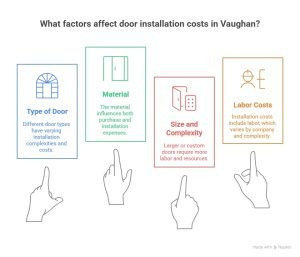 A graphic explaining the factors that affect door installation costs in Vaughan: Type of Door, Material, Size and Complexity, and Labor Costs, with icons and descriptions for each factor.
