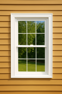 A close-up image of a single-hung window with a grid pattern, framed by white trim against a yellow house siding. The window overlooks a green outdoor view, showcasing a clean and simple design.
