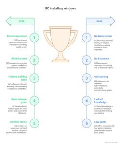 Infographic comparing the pros and cons of general contractors (GC) installing windows.