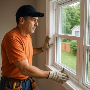 A window installation professional wearing gloves and an orange shirt aligns a white vinyl window frame inside a residential home, with a green backyard visible through the glass.