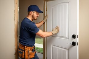 A worker in a blue shirt and cap installs a white door, gently placing it into the frame with his gloved hands. The door has a simple panel design and black hardware.